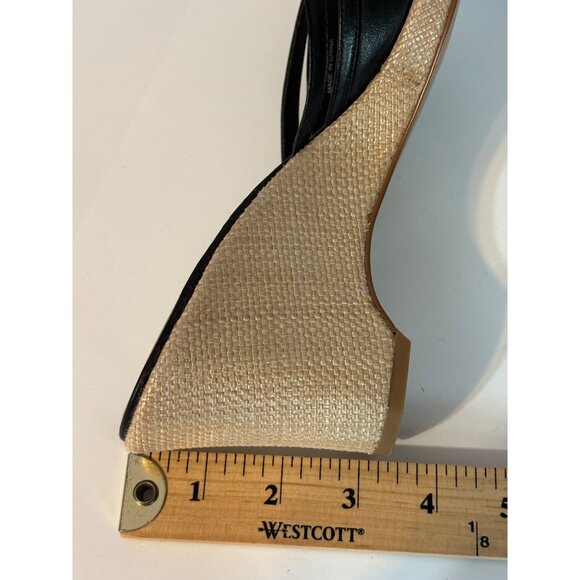 Ann Taylor Loft Leather Black Strappy Wedge Sandals Open Toe Womens 8 Woven Heel - Picture 11 of 12